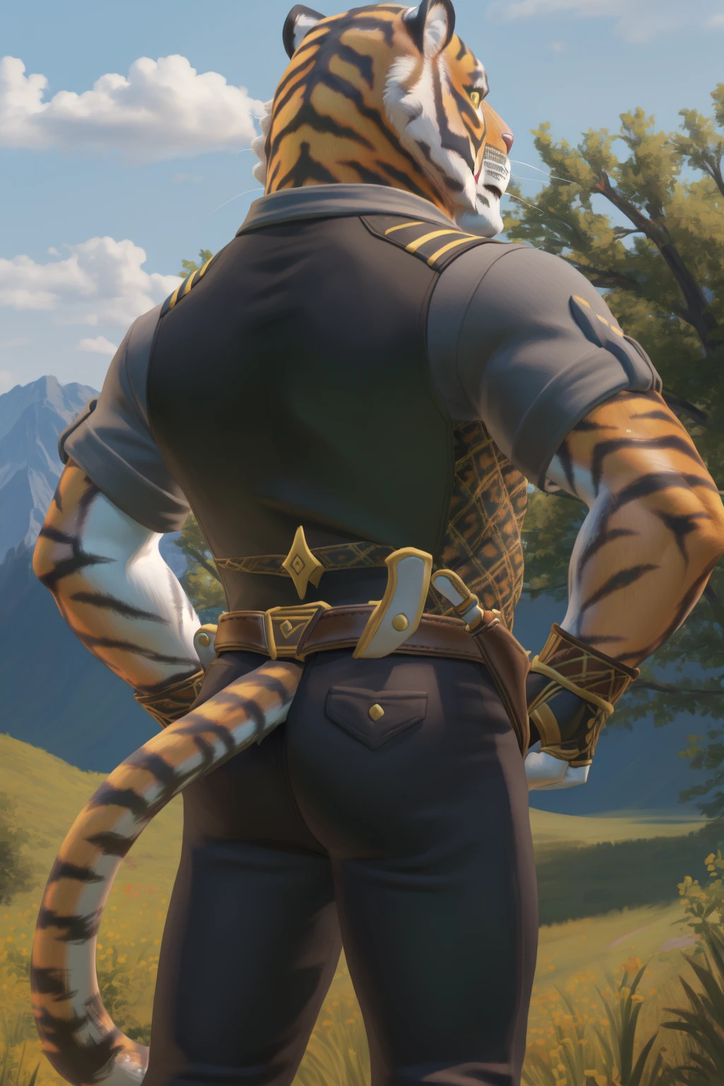 <lora:oscarV2-06:1>, oscarfn, yellow eyes, (tiger tail:1.4), (posing:1.3), (soft shading), 4k, hi res, five fingers, detailed hands, ((detailed face, (detailed eyes:1.5), detailed)), by zackarry911, by zaush, (by personalami:0.5), looking at viewer, shirt, gloves, 1boy, ass, short sleeves, male focus, cowboy shot, black gloves, belt, looking back, pants, from behind, holding weapon, uniform, black shirt, back, black pants, multicolored fur, hands on hips,