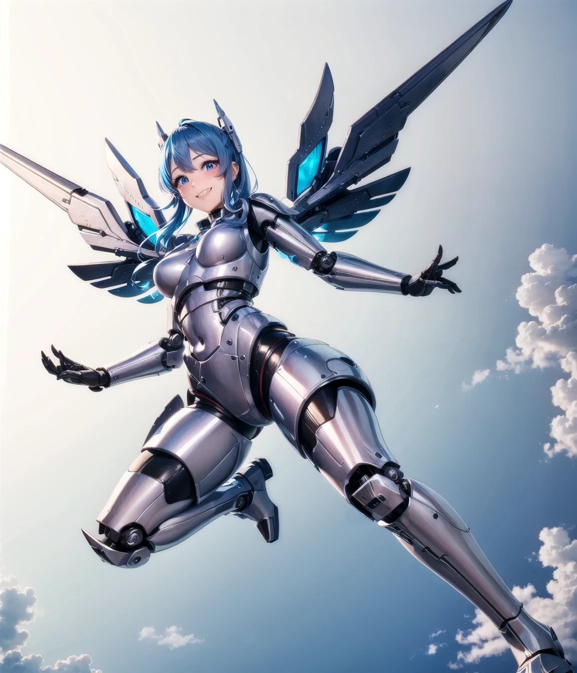 In the best illumination, this official art captures the moment when the elegant extraterrestrial robot girl is smiling confidently. Titanium skin is highlighting her artificially-carved perfect female body proportion. Robot girl is hovering by rocket booster bulit in her mechanical boots, while mechanical wings also operated.<lora:Blue Robot Girl:0.55>, robot girl, (yuko(pixiv):1.4), android, mechanical wings, robot ears, blue hair, metal skin, glowing armor, reflective sheen, polishing, titanium, flying, volumetric lighting