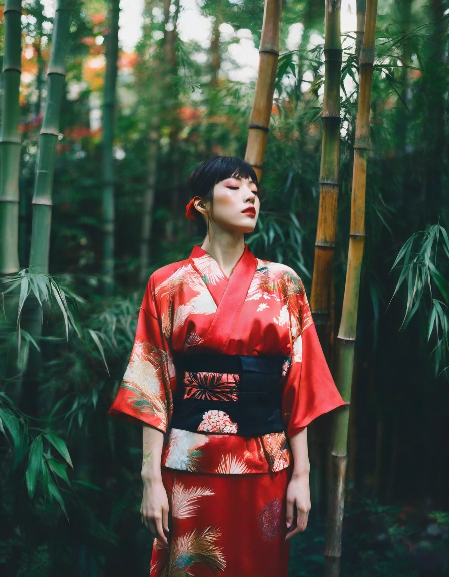 <lora:neg4all_bdsqlsz_xl_V7:1>,
A captivating figure donned in a vibrant red kimono, adorned with intricate patterns, standing gracefully in a bamboo forest. The delicate silk material flows elegantly around her, and a blindfold, styled as a statement accessory, adds an enigmatic allure. The golden hour casts a warm glow on her, creating a harmonious fusion of traditional aesthetics and contemporary mystique, reminiscent of a Japanese fairytale captured by the lens of Alessio Albi and Shin Jeongho.