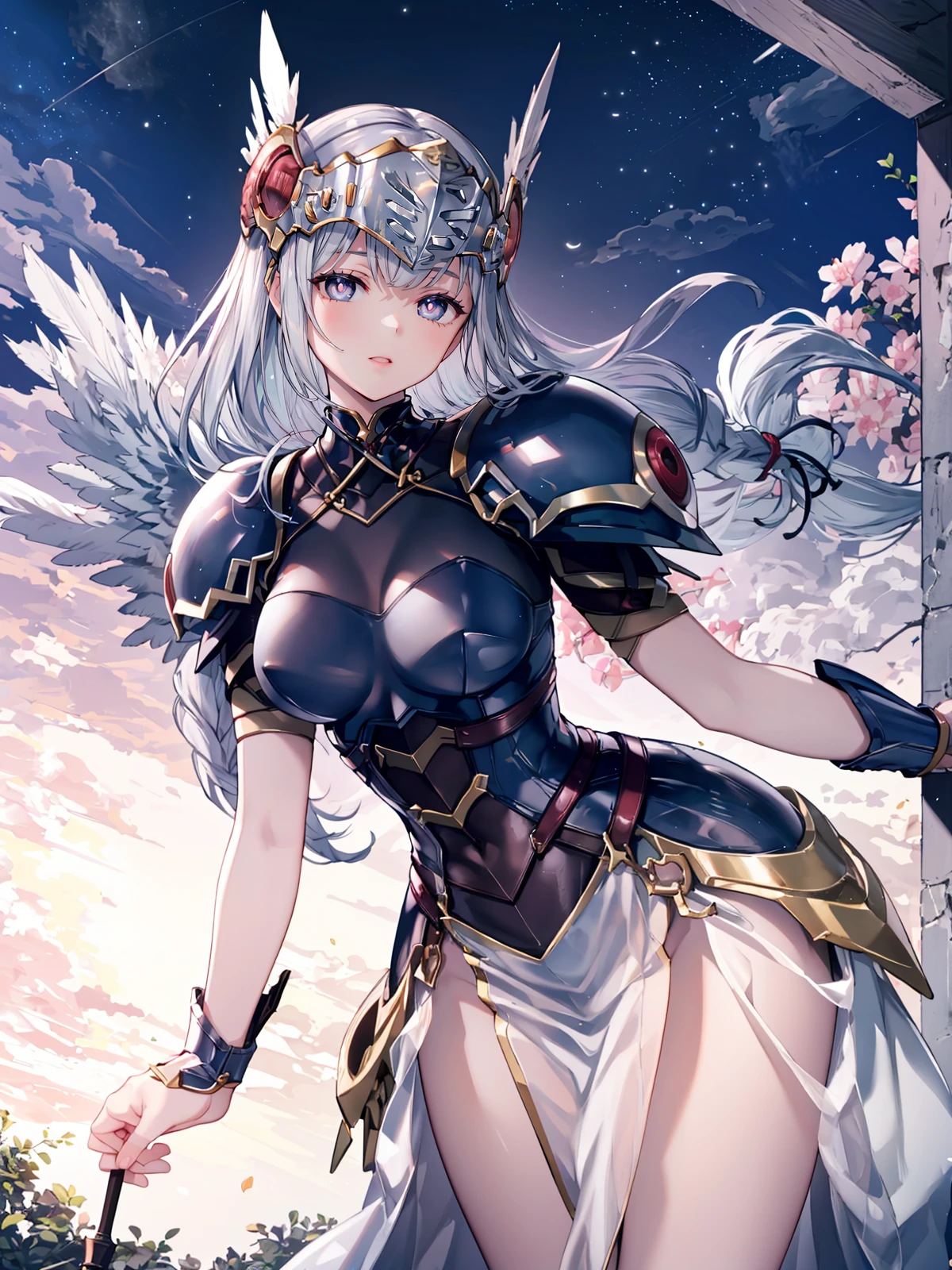 (extremely detailed CG, best quality:1.1), 1girl, perfect face, bright pupils, (finely detailed beautiful eyes:1.1), shiny skin, lustrous skin, wide hips, narrow waist, long hair, blue armor, valkyrie, helmet, armored dress, braid, feather, winged helmet, shoulder armor, <lora:LennethValkyrie:0.8>