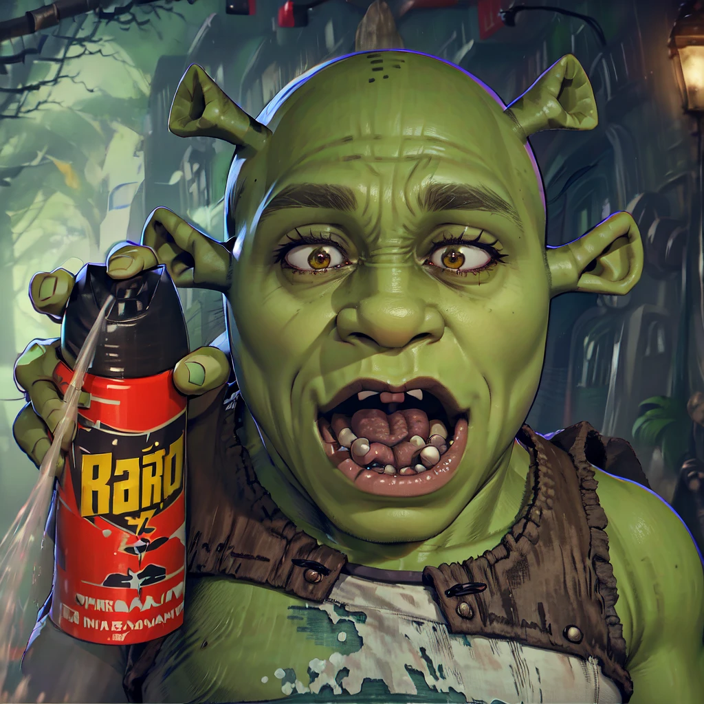 IncrssprayRaid, <lora:VictorVanDortSprayingRaidAndScreamingMeme:1>, open mouth, holding, shrex, green skin, ogre, shrek, <lora:Char_Sigmas_Shrek:0.9>