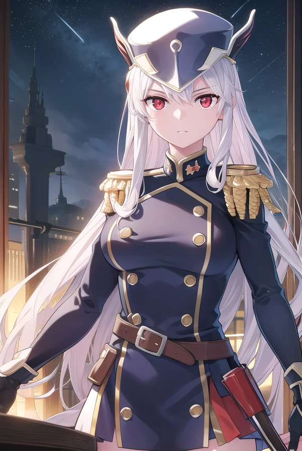 kyoukauzen, <lora:kyouka uzen manga-lora-nochekaiser:1>,
kyouka uzen, long hair, (red eyes:1.5), very long hair, white hair,
BREAK thighhighs, gloves, hat, boots, belt, sword, uniform, zettai ryouiki, military, military uniform, thigh boots, shako cap,
BREAK outdoors, space, starry sky, star \(sky\), moon,
BREAK looking at viewer, (cowboy shot:1.5),
BREAK <lyco:GoodHands-beta2:1>, (masterpiece:1.2), best quality, high resolution, unity 8k wallpaper, (illustration:0.8), (beautiful detailed eyes:1.6), extremely detailed face, perfect lighting, extremely detailed CG, (perfect hands, perfect anatomy),