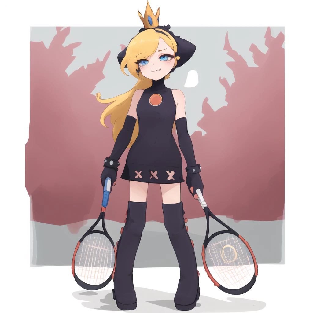 masterpiece, best quality, highly detailed, 1girl, solo,
purple dress, purple headwear, purple elbow gloves, (knee boots:1.4), crown, blonde hair, blue eyes, smirk,
(standing:1.3), (full body:1.3), holding, (tennis racket:1.2), (tennis court:1.4),
<lora:wapeach-23:0.8> (wapeach:1.3) <lora:dlanham_v1:0.8> dlanham