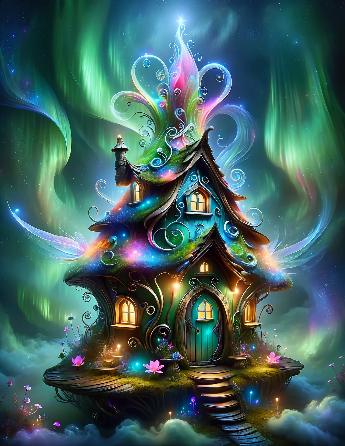 <lora:SDXLAuroraStyle:1> Aurorastyle, best quality photo of a beautiful fairy hut in the sky, sitting among the clouds, fantasy, high quality, extremely detailed