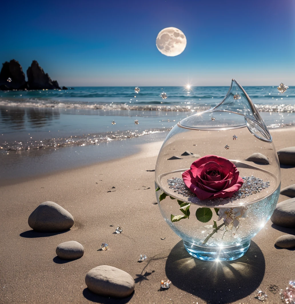 waning moon. flowers roses, stones transparent and diamond crystal in water, on the beach, fantasy, smoke , photo, HD, 8K ,