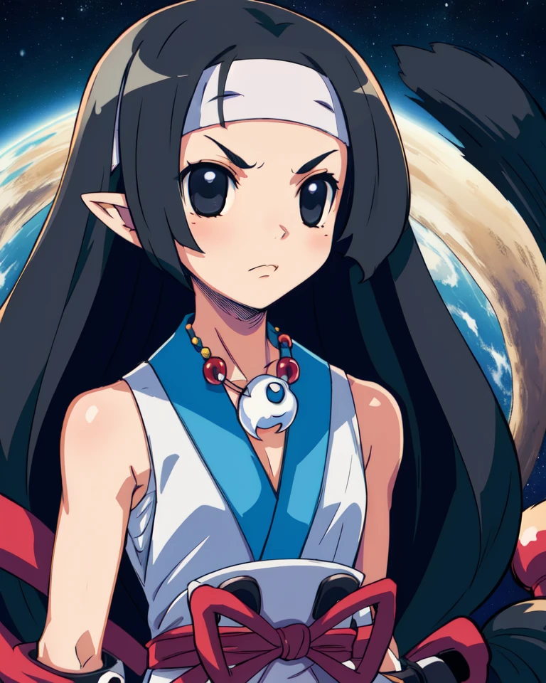 Yukimaru,black eyes,low-tied long hair,pointy ears,upper body,serious look,closed fists,
Ymagatama necklace,fingerless gloves,headband,japanese clothes,
outerspace,japanese rooftop,
(insanely detailed, beautiful detailed face, masterpiece, best quality),<lora:Yukimaru-10D2:0.8>,