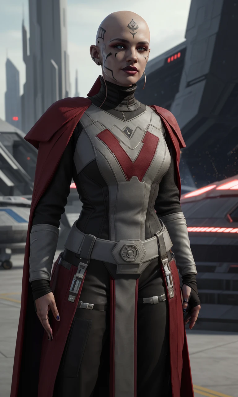 Rattataki2023, bald, grey skin,1girl, 8k, uhd, best quality, trending on arstation, full body, photorealistic, masterpiece, raw image, skin pores, detailed skin, 5 fingers, face tattoo, star wars, sci-fi city, spaceships in background, cool armor