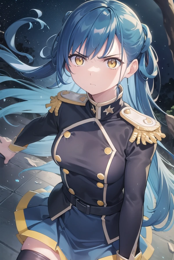 himariazuma, <lora:himari azuma manga-lora-nochekaiser:1>,
himari azuma, long hair, hair rings, (blue hair:1.5), (yellow eyes:1.5), frown, angry,
BREAK skirt, thighhighs, epaulettes, military, military uniform, black uniform,
BREAK outdoors, space, starry sky, star \(sky\), moon,
BREAK looking at viewer, (cowboy shot:1.5),
BREAK <lyco:GoodHands-beta2:1>, (masterpiece:1.2), best quality, high resolution, unity 8k wallpaper, (illustration:0.8), (beautiful detailed eyes:1.6), extremely detailed face, perfect lighting, extremely detailed CG, (perfect hands, perfect anatomy),
