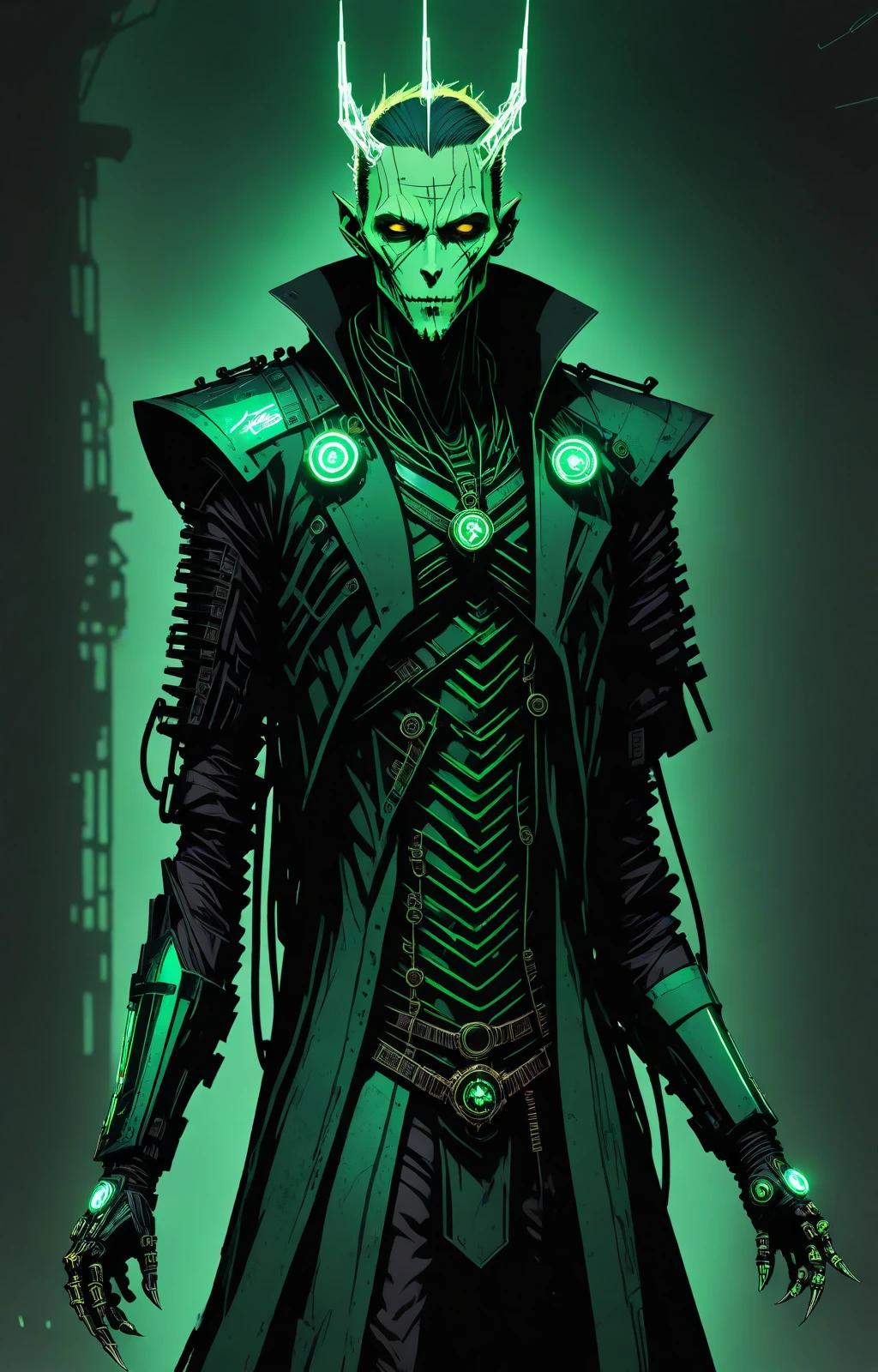 nvinkpunk, green hues, a cyberpunk necromancer, lord sauron