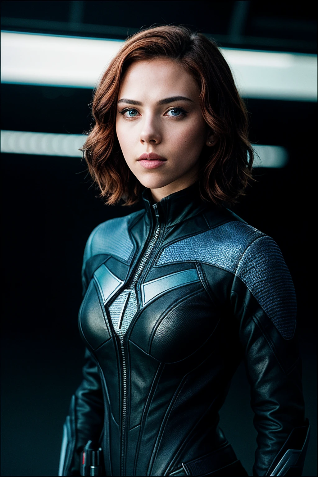 photo of (blw1d0w-135:0.99), (closeup portrait), perfect hair, (modern photo, Graphite Gray superhero outfit), 24mm, (analog, cinematic, film grain:1.3), (Futuristic dystopian city viewpoint displaying holographic art galleries:1.1), detailed eyes, (seductive pose), (epicPhoto), upper body, (looking at viewer)