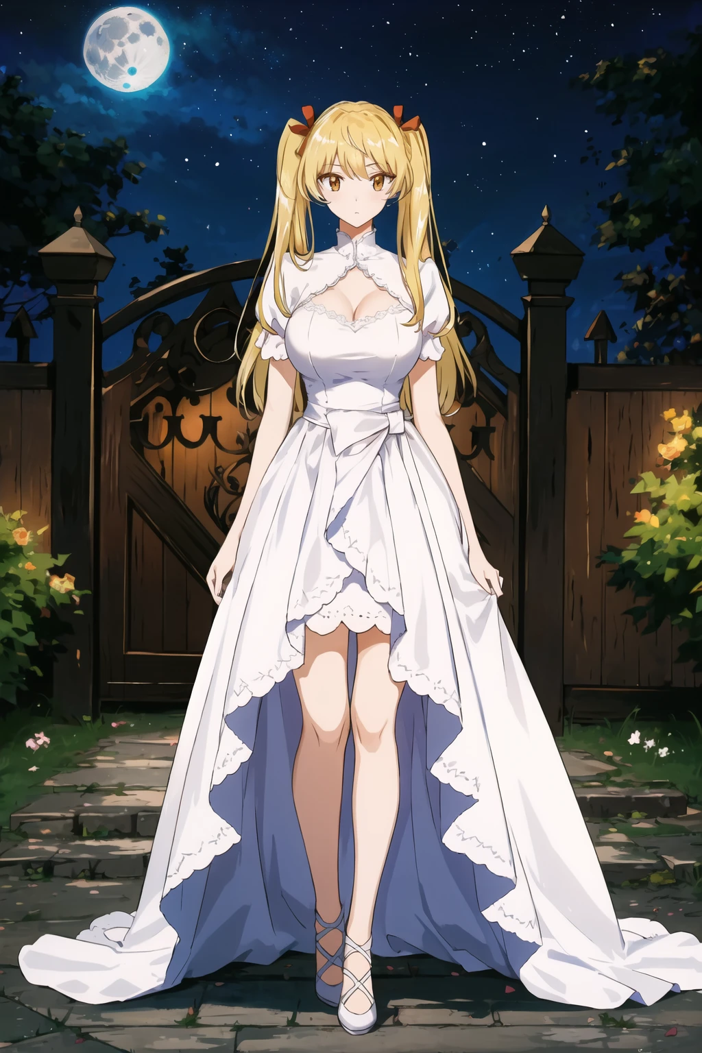 best quality,masterpiece,looking at viewer,huge filesize,(full body:1.1),
depth of field,<lora:103423215:0.5>,1girl,breasts,1girl,wedding dress,Forest Castle,Castle Gate,The Middle Ages,A girl in a wedding dress standing at the castle gate,Night,starry sky,Moon,<lora:002-æ ¡åæ¨¡ç³å¤§ç-æ³½è¿ç±çV2:0.7> ,sawachika eri,blonde hair,twintails,orange eyes,long hair,