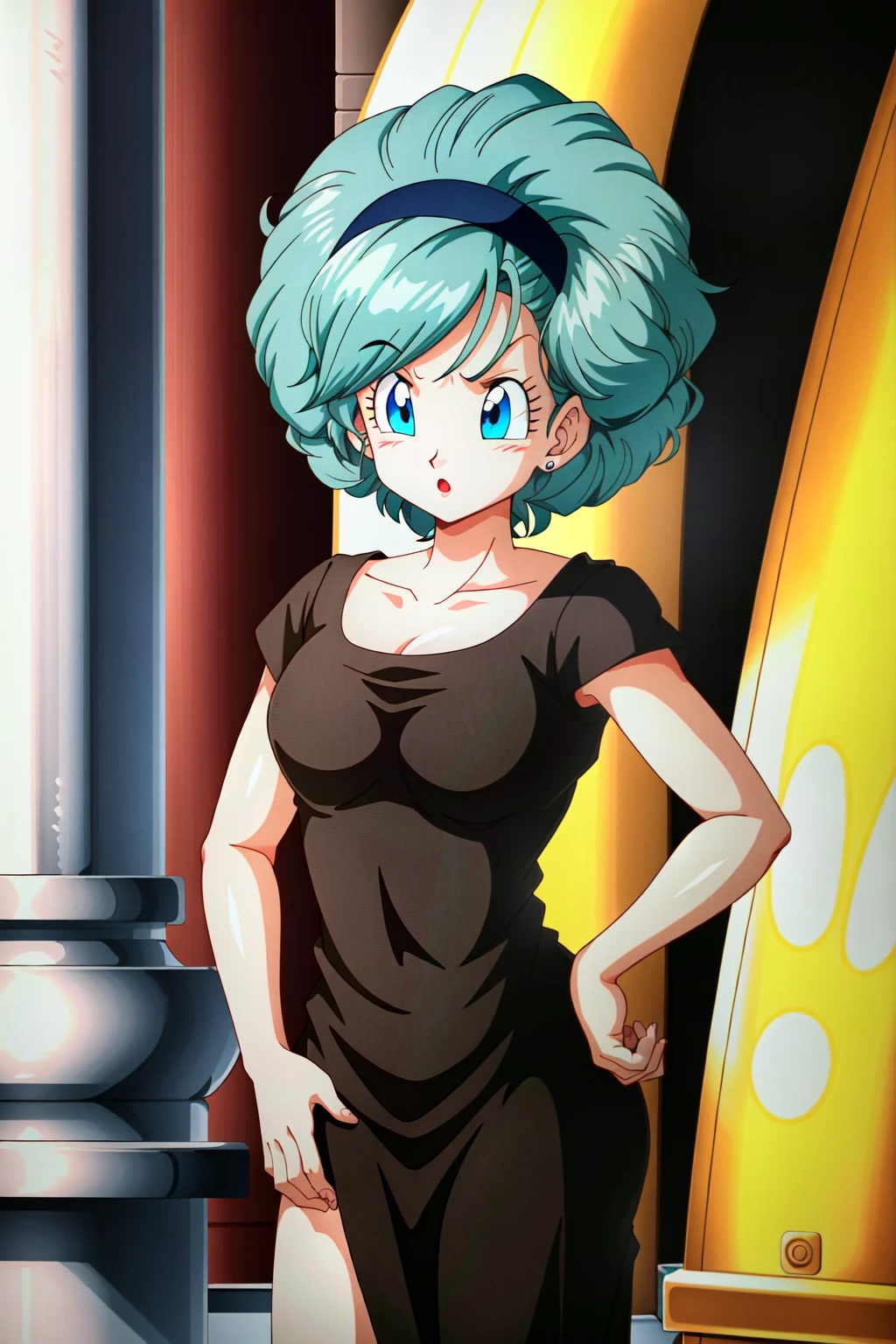 ((extremely detailed CG unity 4k wallpaper)),(masterpiece),(ultra quality),(ultra-detailed),(best illustration),(best shadow),(Extremely Detailed),(absurdres),(detailed background), <lora:OGT_Bulma-v1:0.8> Bulma, 1girl, solo, afro, big hair, retro artstyle, hand on hip, blue eyes, hairband, green hair, 1980s (style), striped, curly hair, official style, dress, sky, cloud