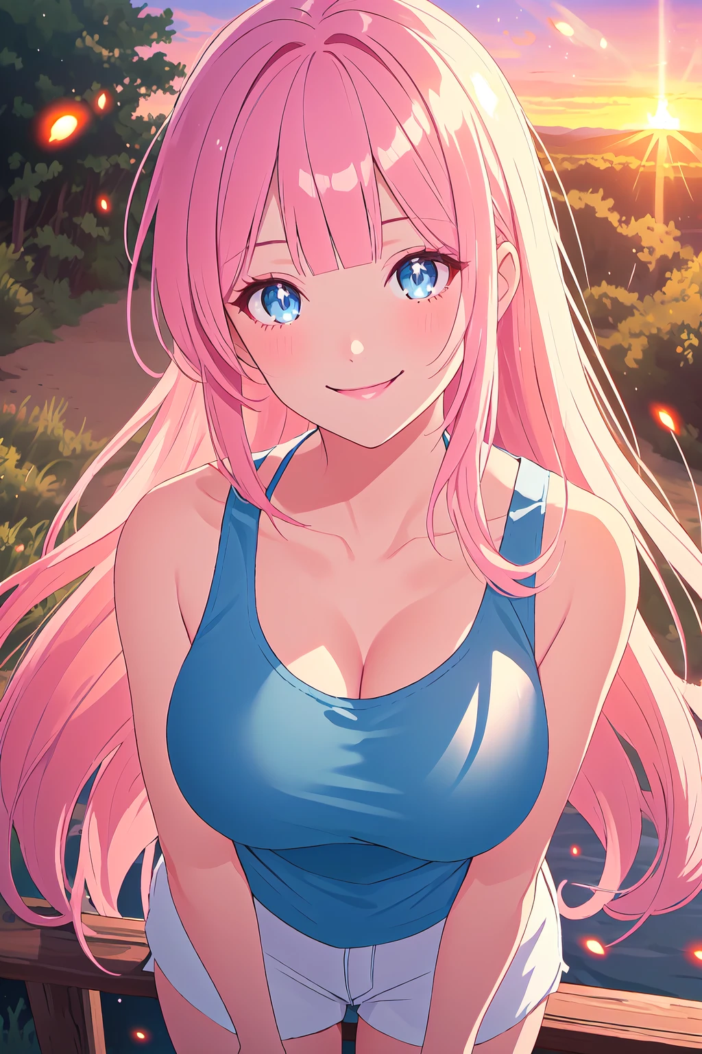 long hair, pink hair, blue eyes, sunset, light particles, fireflies, volumetric lighting, tank top, large breasts, smile, sparkling eyes, blunt bangs looking at viewer, cowboy shot, from above