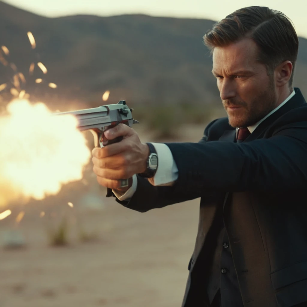 cinematic film still of <lora:Desert Eagle:1.2>
a man in a suit shooting a gun with muzzle flash Desert Eagle pistol, shallow depth of field, vignette, highly detailed, high budget, bokeh, cinemascope, moody, epic, gorgeous, film grain, grainy