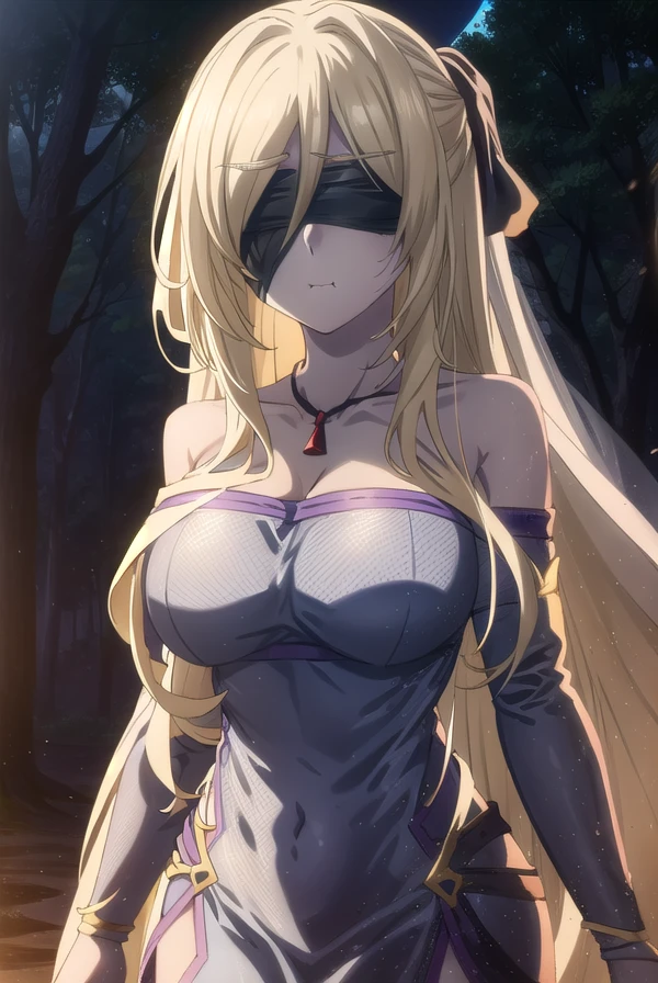 swordmaiden, <lora:sword maiden s2-lora-nochekaiser:1>,
sword maiden, long hair, bangs, blonde hair, blindfold, (covered eyes:1.2), black blindfold, (large breasts:1.2), <lora:SadMadFaces:0.8>, pout, pouting, puffy cheeks,
BREAK dress, jewelry, necklace, white dress, bare shoulders, collarbone,
BREAK outdoors, forest, nature, night, night sky, starry sky, moon,
BREAK looking at viewer, (cowboy shot:1.5),
BREAK <lyco:GoodHands-beta2:1>, (masterpiece:1.2), best quality, high resolution, unity 8k wallpaper, (illustration:0.8), (beautiful detailed eyes:1.6), extremely detailed face, perfect lighting, extremely detailed CG, (perfect hands, perfect anatomy),