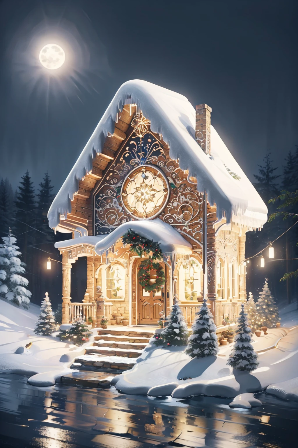 masterpiece, best quality, <lora:sugarcookiestyle-nvwls-v1-000009:1> sugarcookiestyle house, forest, christmas lights, tinsel, mistletoe, wreath, night sky, moon, chibi