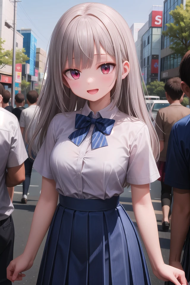 insanely detailed, absurdres, ultra-highres, ultra-detailed, best quality,
1girl, solo, nice hands, perfect hands,
BREAK
summer school uniform with indigo blue bowtie, (short sleeves, dark blue skirt, pleated skirt:1.3), (indigo blue:1.3) bowtie, (white shirt:1.3), shirt with white button, (skirt with many pleats:1.4), plain shirt, plain skirt, (striped bowtie:1.3), shirt_tucked_in ,
BREAK
happy smile, laugh, open mouth, standing,
(45 angle:-1.5), (from side:-1.5),
cute pose, cowboy shot,
BREAK
slender, kawaii, perfect symmetrical face, ultra cute girl, ultra cute face, ultra detailed eyes, ultra detailed hair, ultra cute, ultra beautiful,
BREAK
in harajuku, shibuya, tokyo, street, crowd, cityscape,
BREAK
medium large breasts,
(grey hair, red eyes),