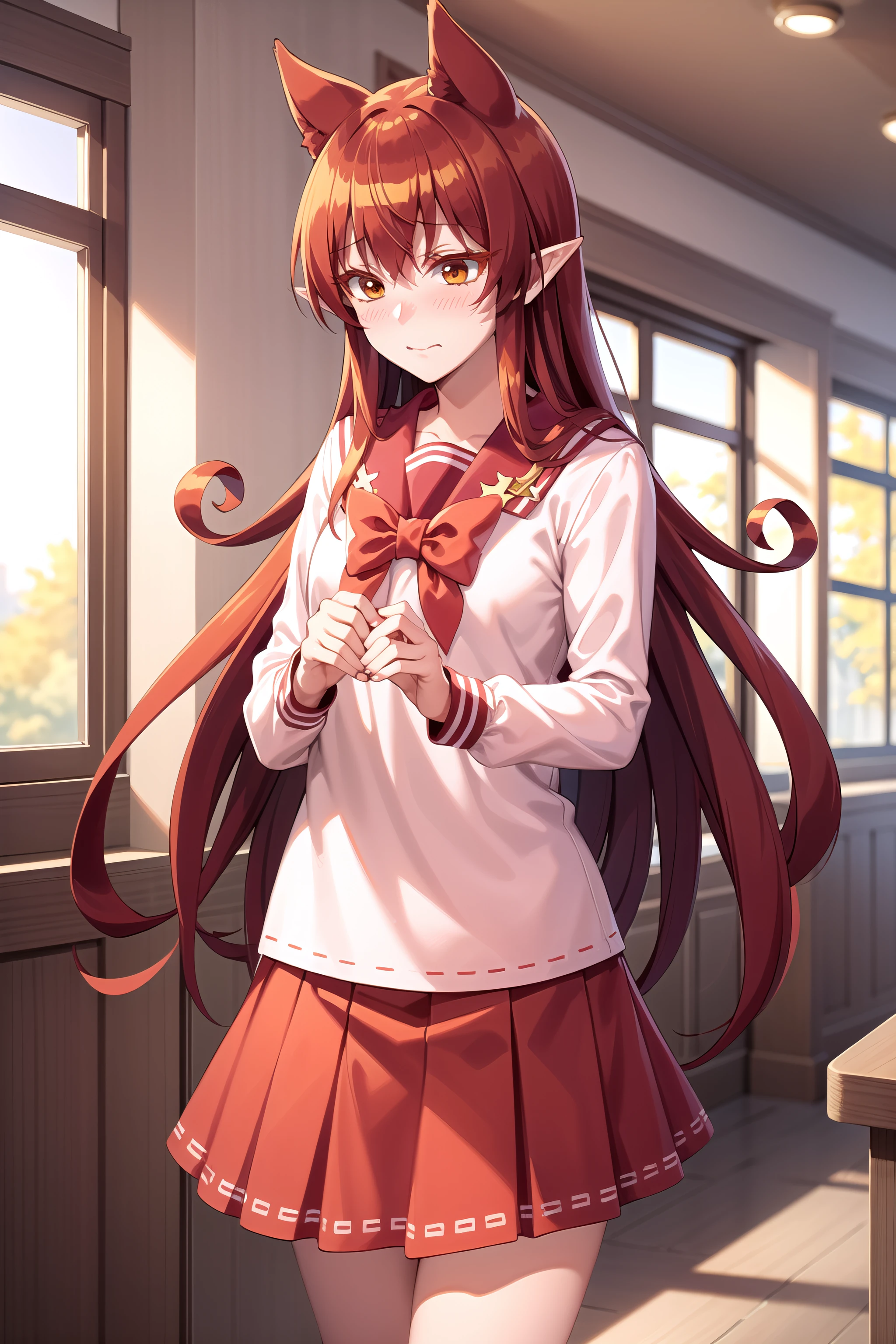 best quality, masterpiece, detailed,
<lora:MairimashitaIrumaKun_AzazelAmeri:0.8>, (AzazelAmeri:0.8),
closed mouth, blush, embarrassed,
red hair, very long hair, hair horns, orange eyes, pointy ears, animal ears, (ears down:1.2),
(AmeriCute:1.4), school uniform, serafuku, bow, pink shirt, pink skirt,
standing, looking at the viewer,
indoors