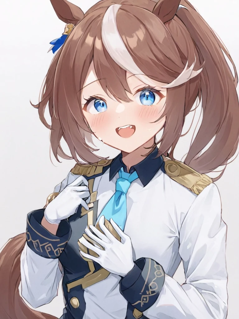 <lora:䏿µ·å¸ç:1>,1girl, animal_ears, horse_ears, solo, tail, streaked_hair, gloves, tokai_teio_\(umamusume\), brown_hair, white_gloves, horse_girl, multicolored_hair, horse_tail, blue_eyes, hand_on_own_chest, pants, white_hair, white_background, long_hair, open_mouth, long_sleeves, shirt, smile, white_shirt, looking_at_viewer, two-tone_hair, simple_background, upper_teeth_only, bangs, blush, hair_between_eyes, cowboy_shot, formal, coat, teeth, necktie, black_pants, alternate_costume, flower, gradient_background