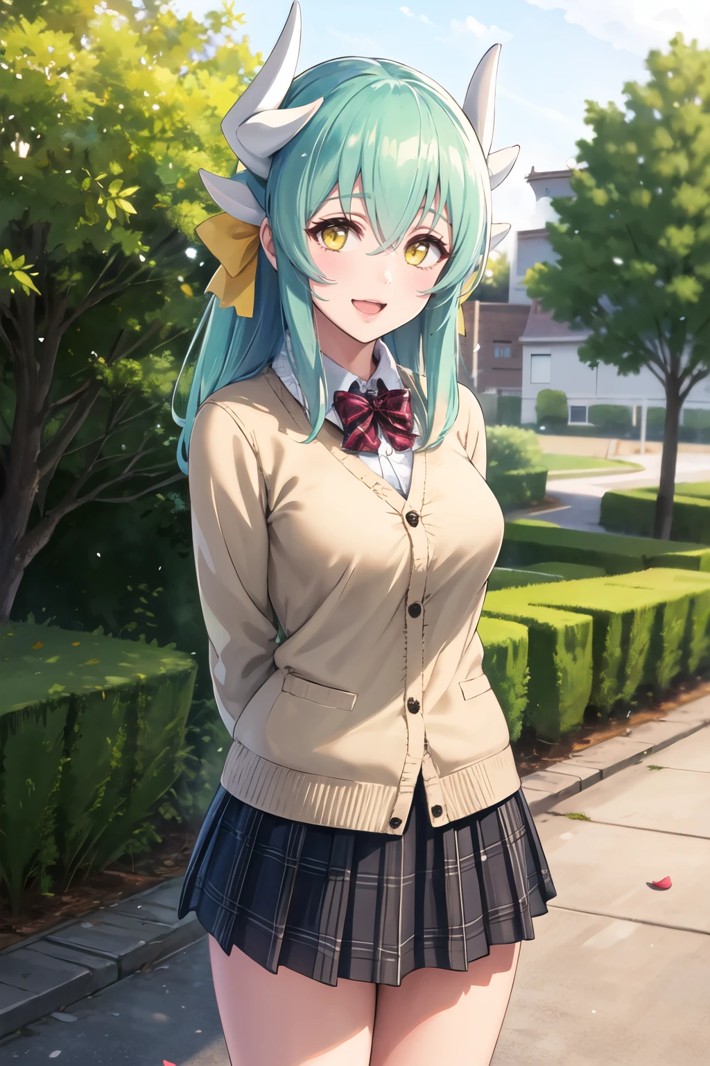 masterpiece, best quality, highres, aakiyo, long hair, (aqua hair:1.2), white horns, hair bow, yellow bow, yellow eyes, <lora:kiyohime_(lancer)_v1:0.8>, cardigan, plaid skirt, arms behind back, smile, open mouth, petals, outdoors <lora:JewelMilk-Style-v1_115722:1>