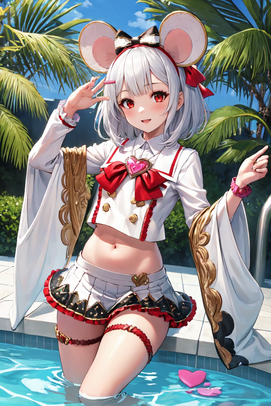 masterpiece, (detailed, highres, best quality), 1girl, <lora:spgbfVikala:1> vikaladef, white hair, white shirt, crop top, frilled white miniskirt, heart brooch, hairclip, hair bow, buttons, wide sleeves, thigh strap, midriff, groin, poolside, tiles, water