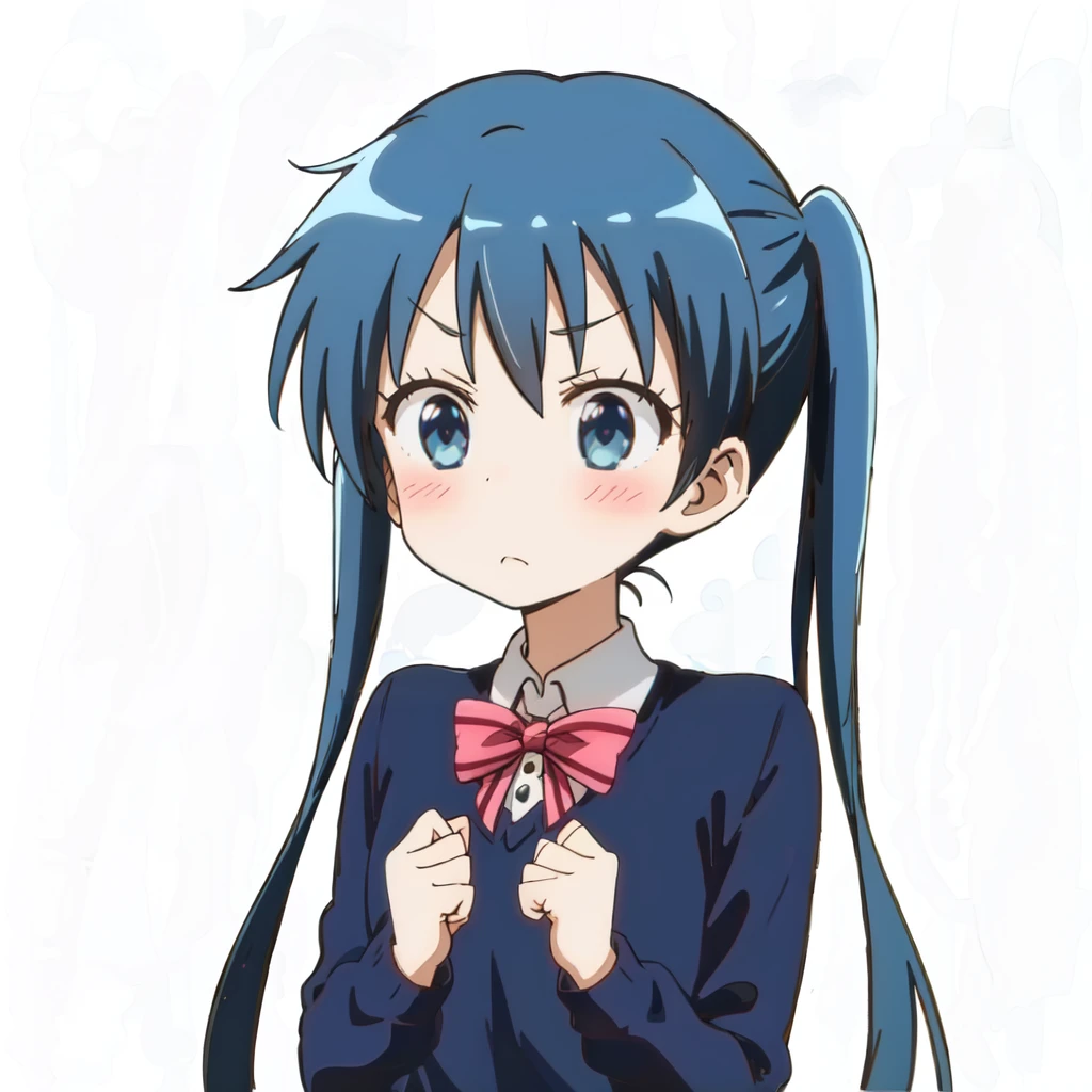 <lora:Komichi_Aya-v2:0.7>komichi aya, twintails, striped bow, white collared shirt, long sleeves, blue sweater, blue pleated skirt, black pantyhose, loafers
<lora:ganbaruzoi-v4:1>ganbaruzoi, clenched hands, closed mouth, blush, upper body, looking at viewer, simple background, white background,