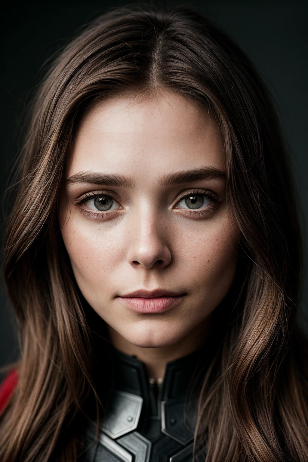 photo of (el10lsen-130:0.99), closeup portrait, perfect hair, (modern photo, red superhero outfit), 24mm, (analog, cinematic, film grain:1.3), ((plain Antique Gray background, gradient:1.1)), detailed eyes, (seductive pose), (epicPhoto), upper body, (looking at viewer)