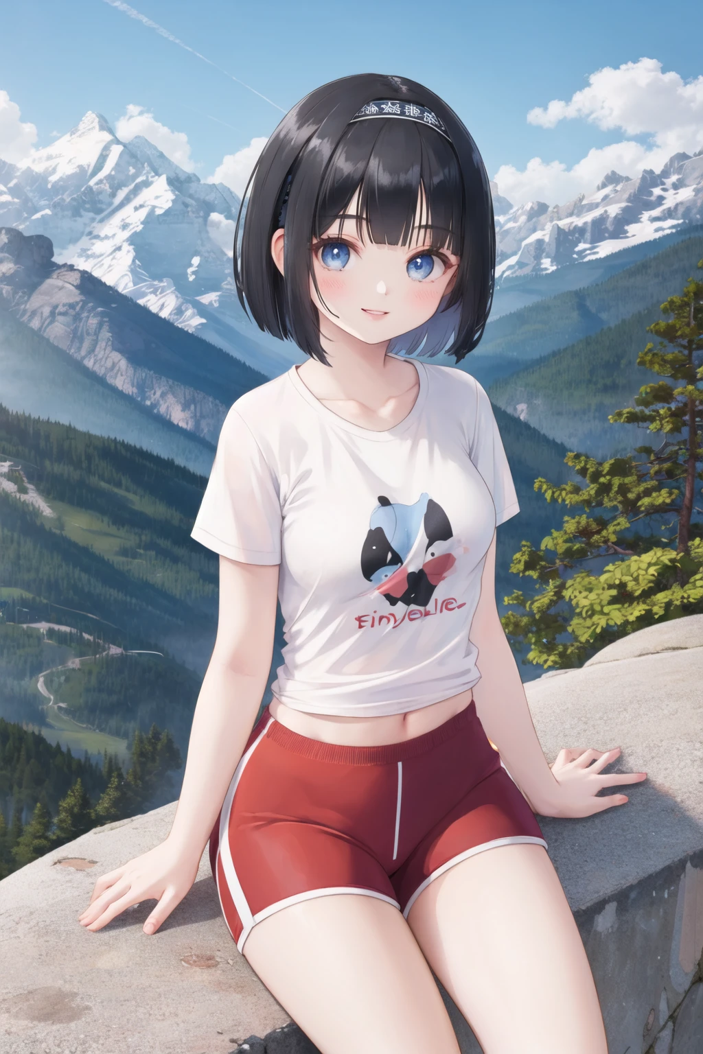 <lora:impshorts-10:0.6>, (impossible shorts), looking at viewer, smile lips, blue eyes, black hair, bob cut, outdoors, mountain, headband, small breasts, t-shirt, sitting