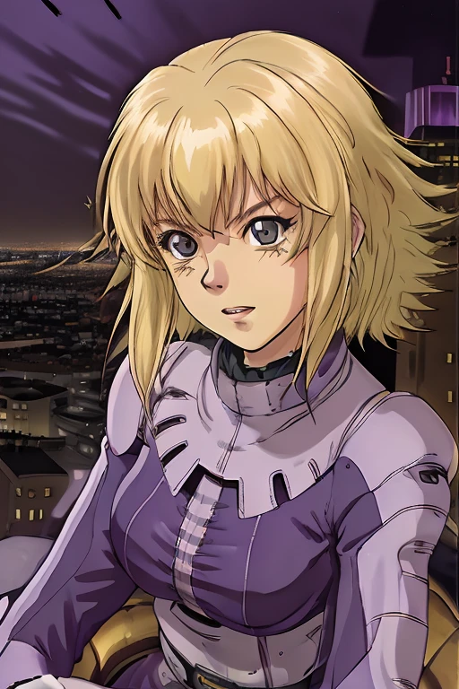 female,Lilia Flaubert,(yellow hair), purple pilotsuit, city view , night, <lora:lila:1>