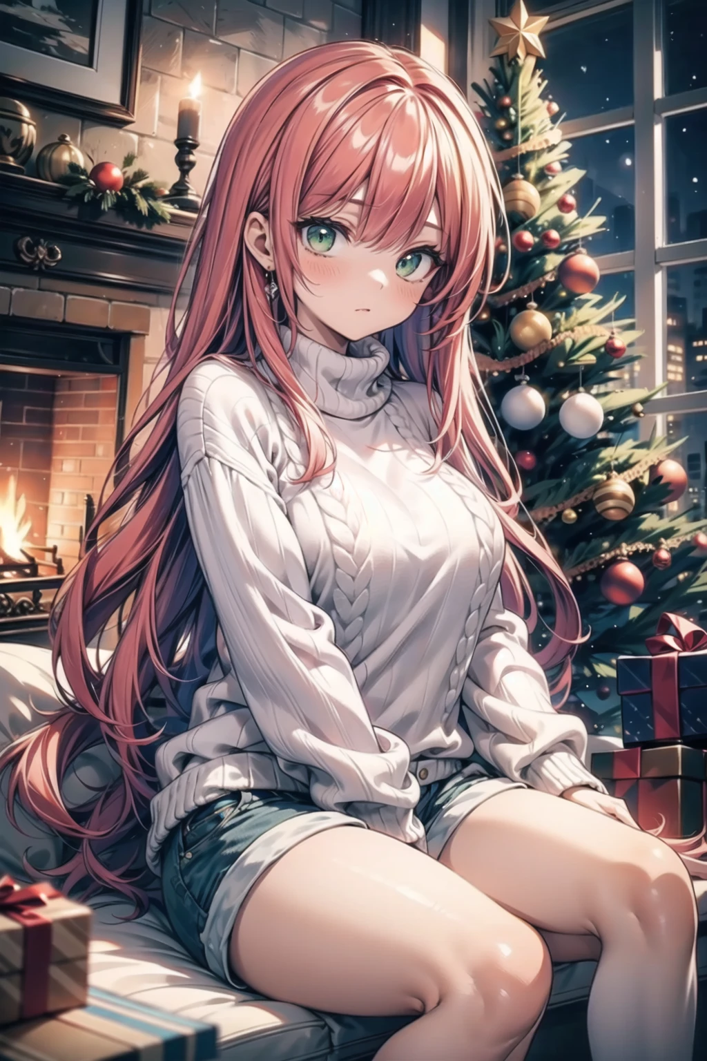 vibrant colors,  female,  masterpiece,  sharp focus,  best quality,  depth of field,  cinematic lighting,  ((solo,  adult woman)),  (illustration,  8k CG,  extremely detailed),  masterpiece,  ultra-detailed,  1 girl,  long hair,  red hair,  flowing hair,  green eyes,  beautiful girl,  Christmas knitted sweater,  Christmas decorations on sweater,  shorts,  fireplace,  big Christmas tree,  window,  winter,<lora:EMS-179-EMS:0.400000>,<lora:EMS-3183-EMS:0.400000>,<lora:EMS-34736-EMS:0.200000>