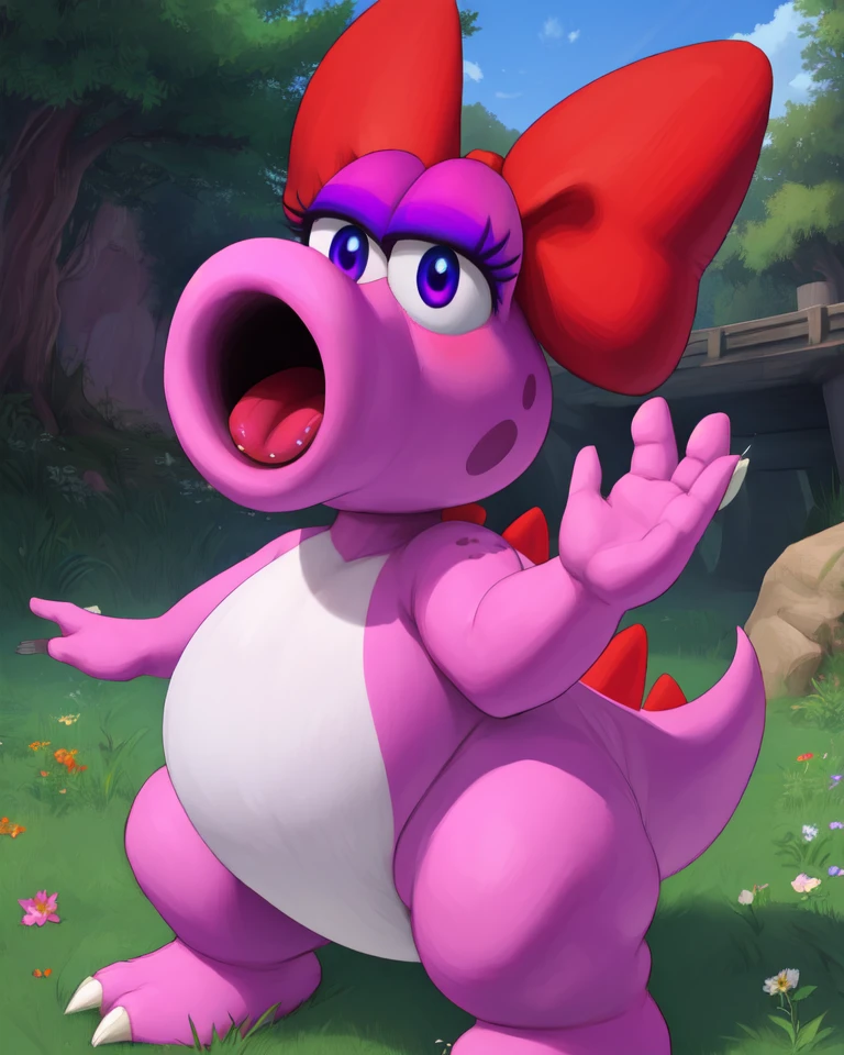 Birdo,pink skin,purple eyes,eyeshadow,Lizard tail,red bow,standing,curvy,
grassland,morning,
(insanely detailed, beautiful detailed face, masterpiece, beautiful detailed eyes, best quality),<lora:Birdo-10YI:0.8>,