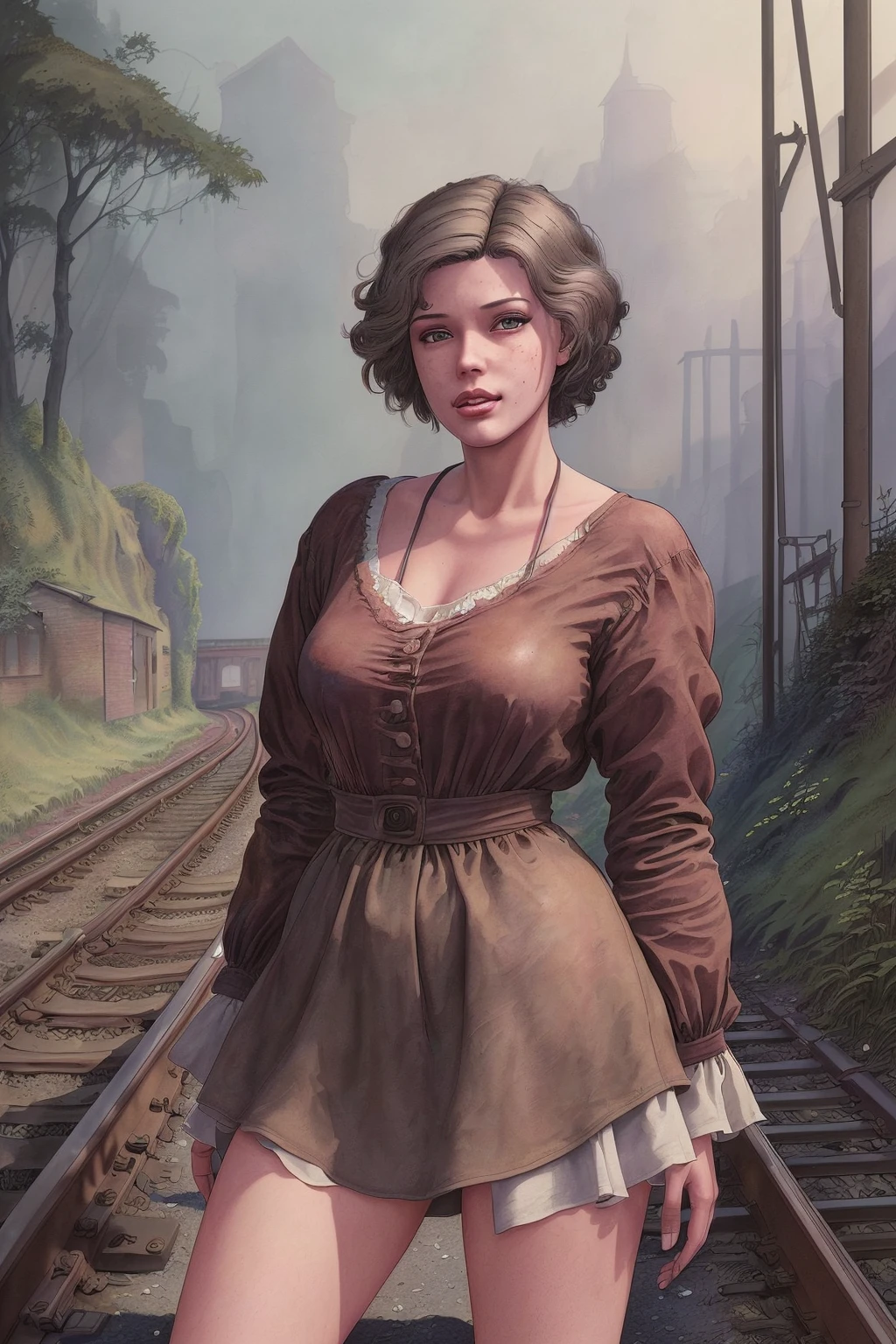 <lora:milomanarastyle_v2:1> masterpiece of traditional media, highly detailed illustration, best quality, volumetric lighting and shadows, young woman, short hair dark red, mlmnr style, Overgrown Railroad Tracks, Cinematic Dolly Zoom from High to Low