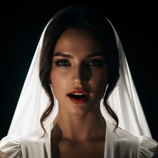 UHD, 4k, ultra detailed, cinematic, a photograph of  <lora:vampire fangs teeth 1.5:1.2>
a woman with a white dress and a white vampire's teeth vampire fangs teeth, epic, beautiful lighting, inpsiring
