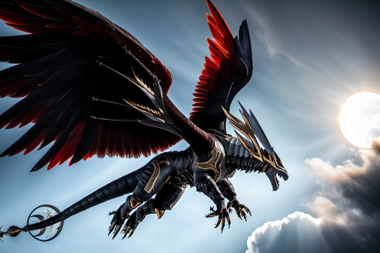 a winged dexdoru flying in the sky under an eclipse,wings,horns,tail,raw photo,8k,cinematic shot,professional photography, <lora:Dexdorugoramon:0.8>