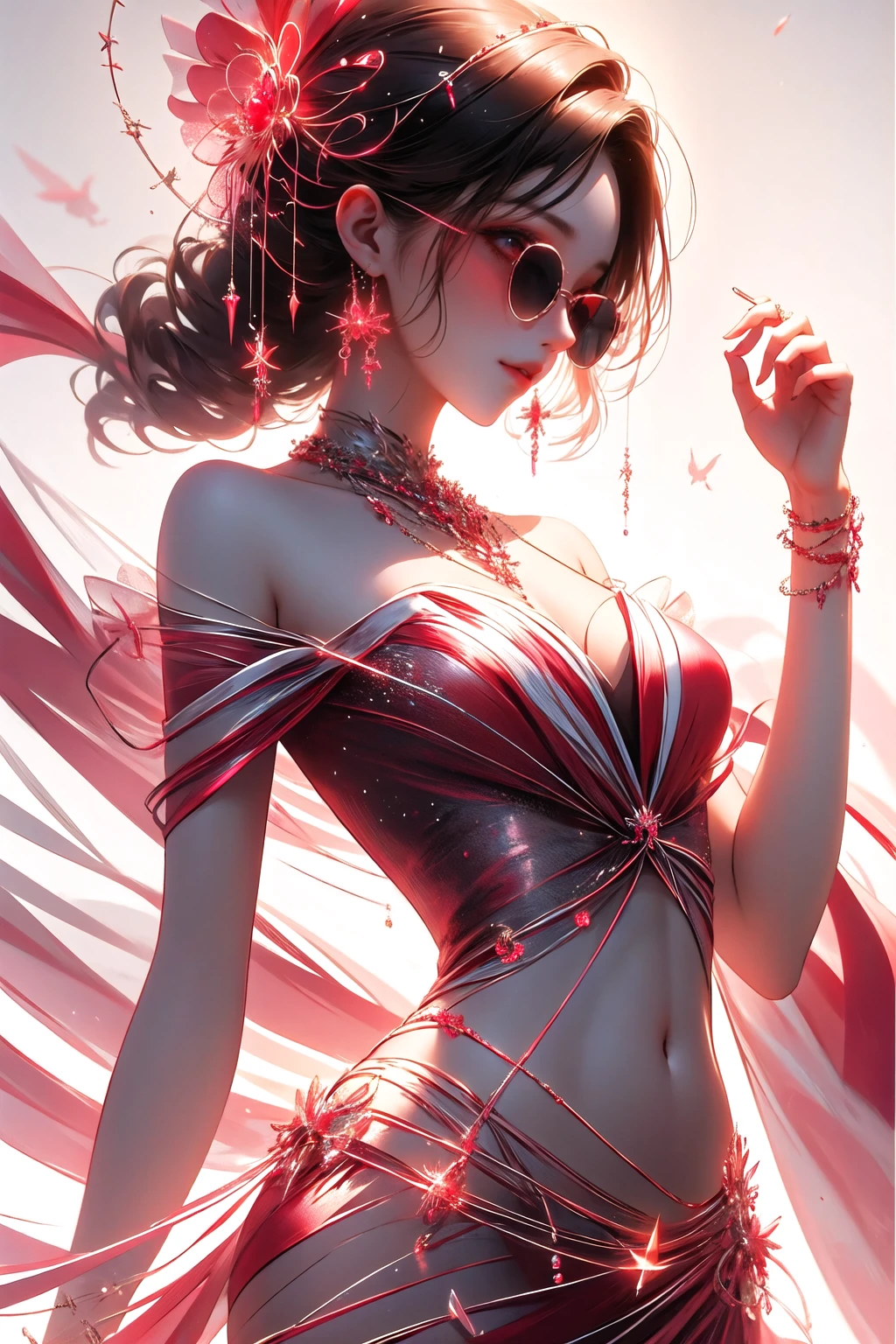 <lora:wrenchsweettail:1>, wrenchsweettail, 1girl, light smile, striped dress, jewelry, ribbon, bow, sunglasses, scarf, red dress, simple background, short shorts, midriff, navel, off shoulder,