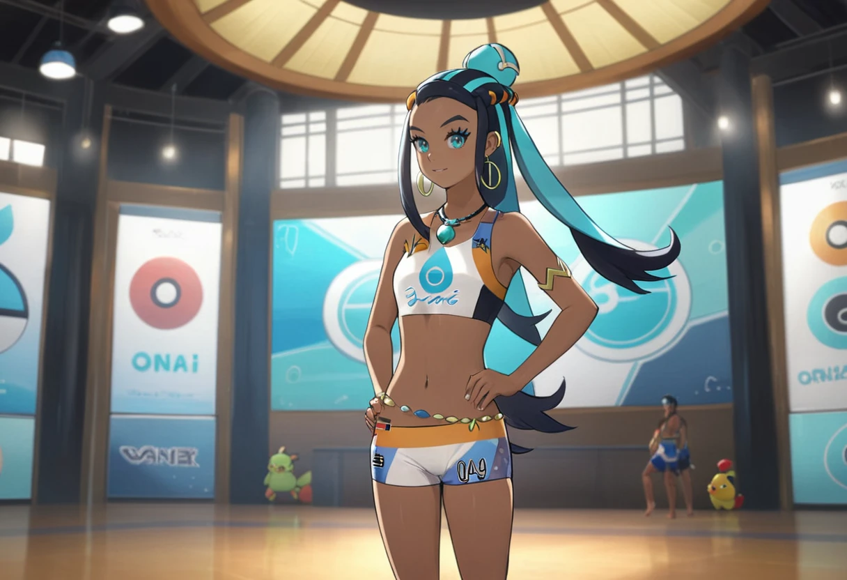 (masterpiece, best quality, ultra_detailed, highres, absurdres:1.2), <lora:nessa-xl-000023:1> nessa \(pokemon\), 1girl, solo, standing, (slight smile:0.75), hair bun, hair ornament, necklace, hoop earrings, bikini, indoor, pokemon aqua arena