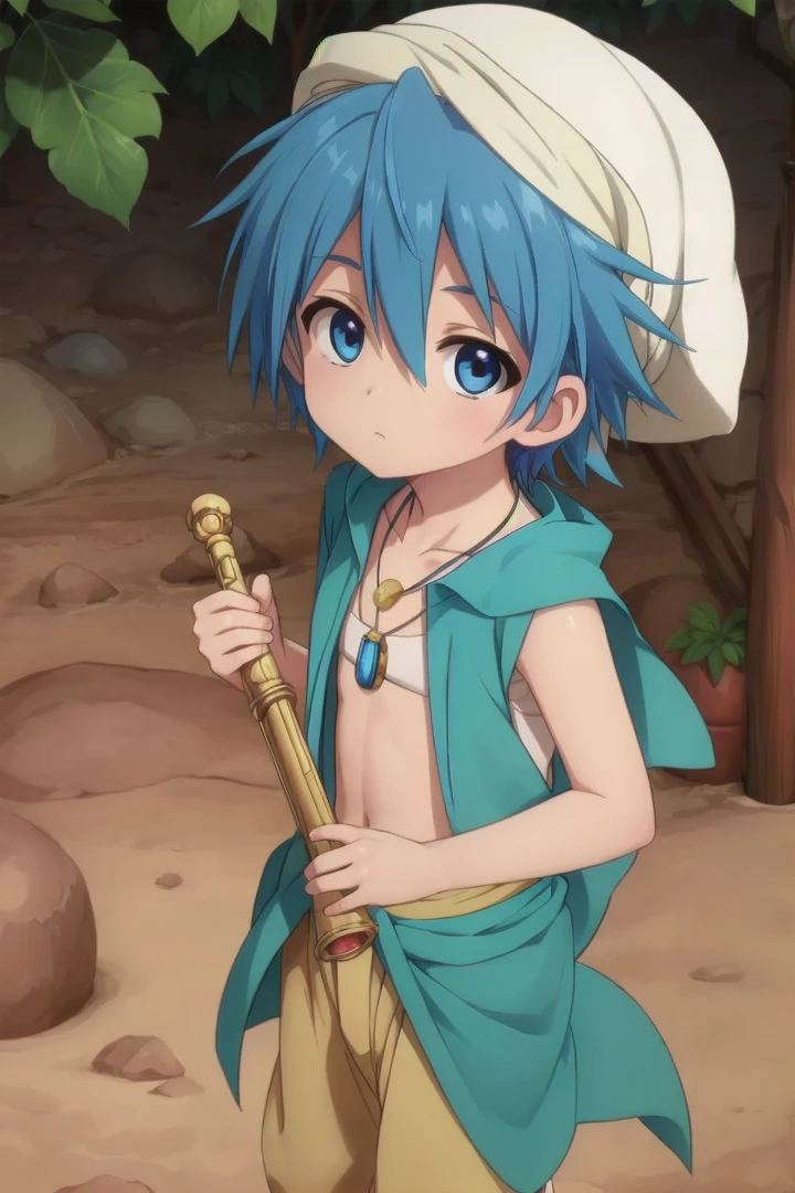 <lora:aladdinsd:0.6>
standing in desert town, magi_aladdin, solo, looking at viewer, 1boy, hat, blue hair, male focus, close-up, turban, wearing a flute as pendant around his neck,