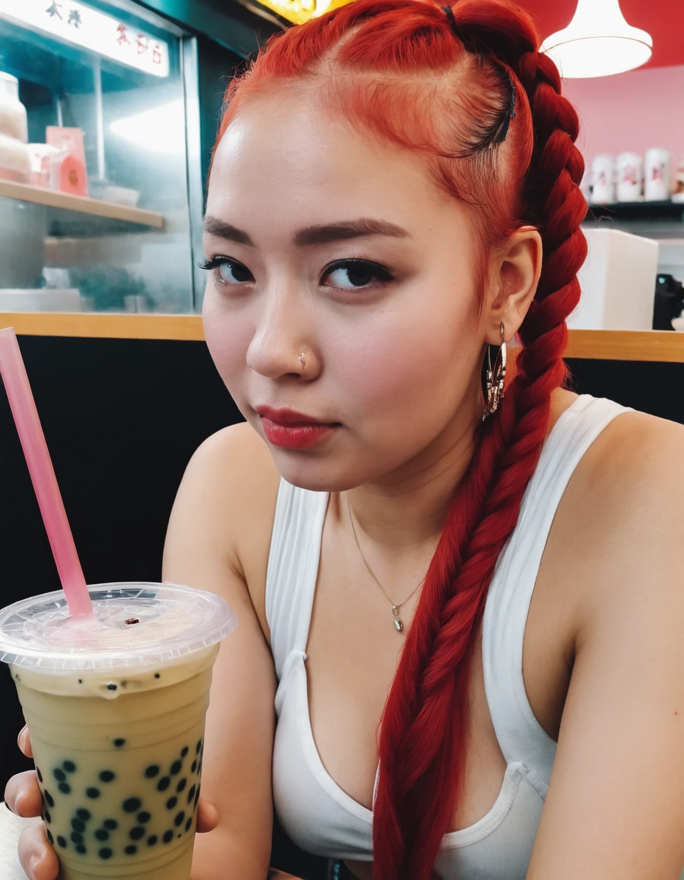 amateur cellphone photography Busty woman with Red Cornrows hair at bubble tea shop . f8.0, samsung galaxy, noise, jpeg artefacts, poor lighting,  low light, underexposed, high contrast