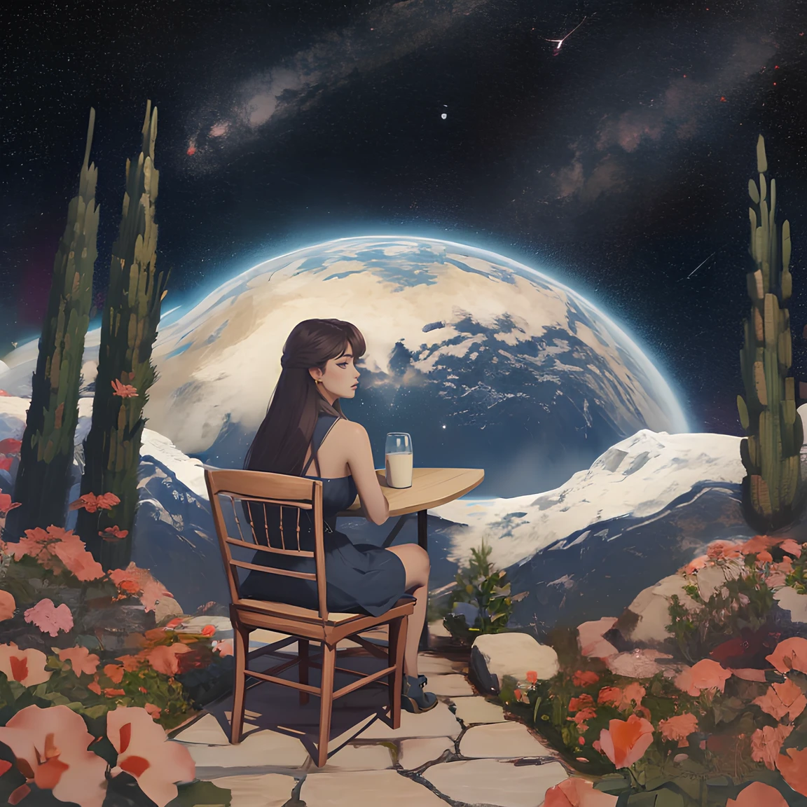 (high quality, masterpiece), eotw_lora, solo, 1girl, portrait, sexy, dress, chair, from behind, garden, space, planet behind, starry sky, scenery, <lora:eotw_lora:1>