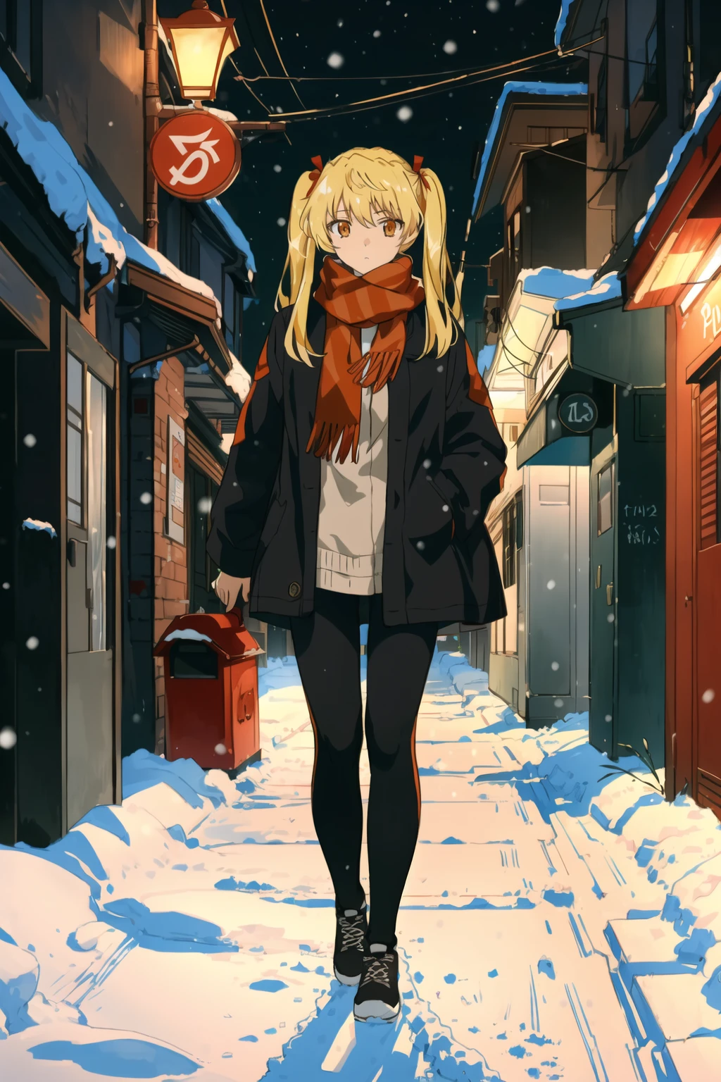 best quality,masterpiece,looking at viewer,huge filesize,(full body:1.1),
depth of field,<lora:103423215:0.5>,1girl,breasts,sawachika eri,blonde hair,twintails,orange eyes,long hair,a girl wearing a down jacket walking in a dimly lit alley,(night:1.45),(the girl's expression is quite scared:1.1),(scared:1.2),(trembling with fear:1.1),the girl is wearing a down jacket,scarf,leggings,it's still snowing,cold weather,moonlight,old electric poles,telegraph pole,mailbox,Heavy snow,(Light is weak:1.1),Dark,Street lamp is not bright,Snow, <lora:002-æ ¡åæ¨¡ç³å¤§ç-æ³½è¿ç±çV2:0.7>,