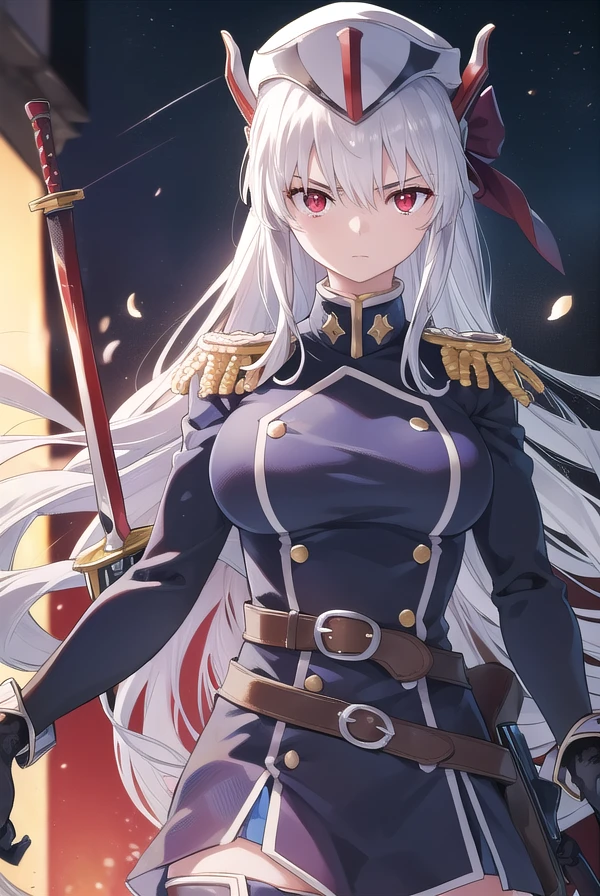 kyoukauzen, <lora:kyouka uzen manga-lora-nochekaiser:1>,
kyouka uzen, long hair, (red eyes:1.5), very long hair, white hair,
BREAK thighhighs, gloves, hat, boots, belt, sword, uniform, zettai ryouiki, military, military uniform, thigh boots, shako cap,
BREAK outdoors, space, starry sky, star \(sky\), moon,
BREAK looking at viewer, (cowboy shot:1.5),
BREAK <lyco:GoodHands-beta2:1>, (masterpiece:1.2), best quality, high resolution, unity 8k wallpaper, (illustration:0.8), (beautiful detailed eyes:1.6), extremely detailed face, perfect lighting, extremely detailed CG, (perfect hands, perfect anatomy),