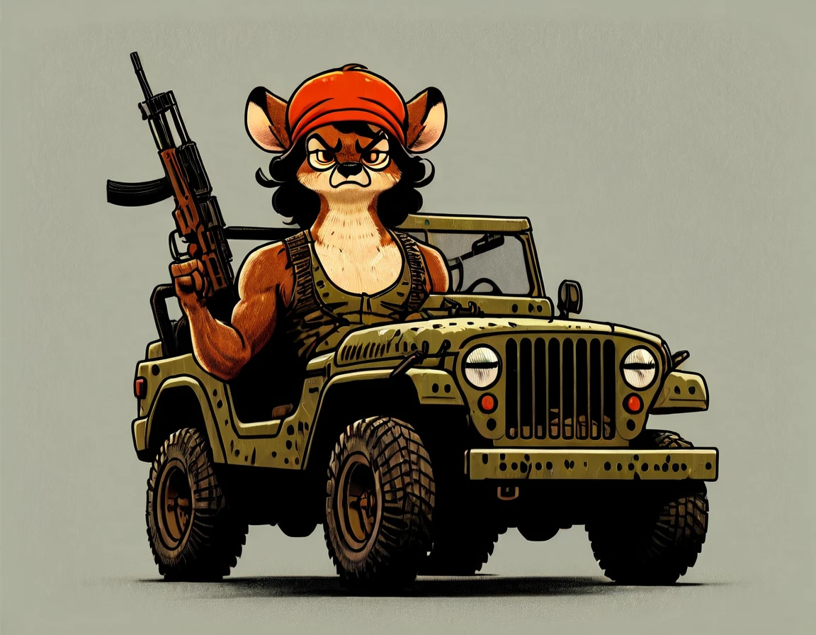 R4mb1, angry, armed, in a jeep