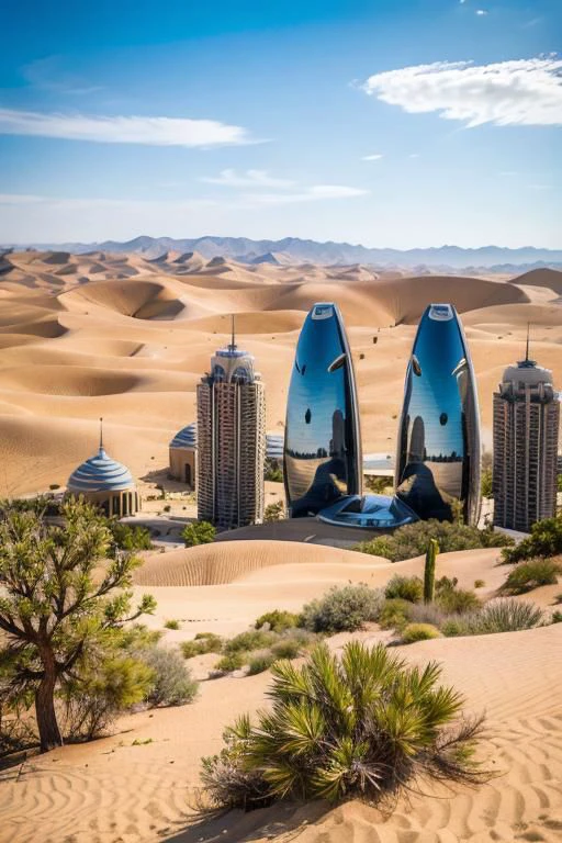 A futuristic desert city with sleek buildings rising from the sandy ground under a clear blue sky