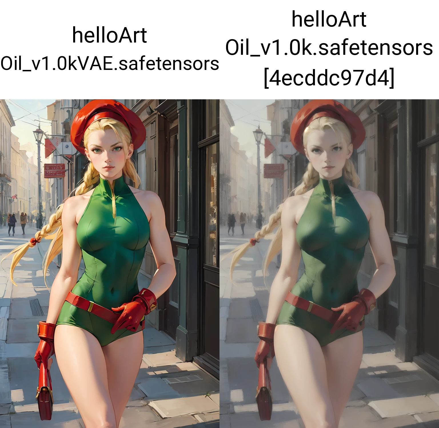 (oil painting,Impressionism:1.1),Cammy from Street Fighter 3, Cammy in the style of real life, photorealistic renditions of a Street Fighter 3 Cammy, long braided Blond Hair, tight Green one - piece, smooth skin, long legs, red gloves, red Barret hat,<lora:GoodHands-beta2:1>,