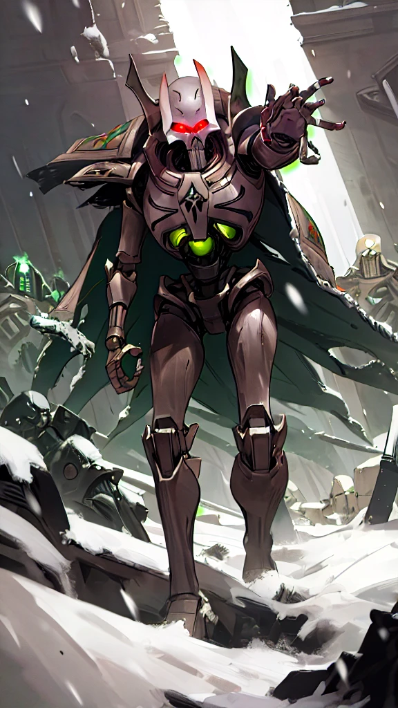AI Overlord Santa, necrons, wearing cape, vivid, extremely beautiful multicolored glowing piercing eyes, cinematic scene, Christmas, snowing, scenery, detailed background, masterpiece, best quality, high quality, absurdres <lora:necrons_v2:1>