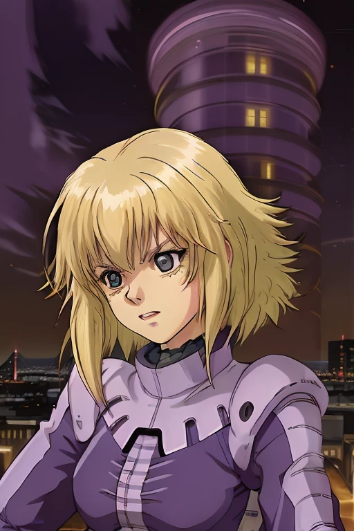 female,Lilia Flaubert,(yellow hair), purple pilotsuit,  city view , night,  <lora:lila:1>