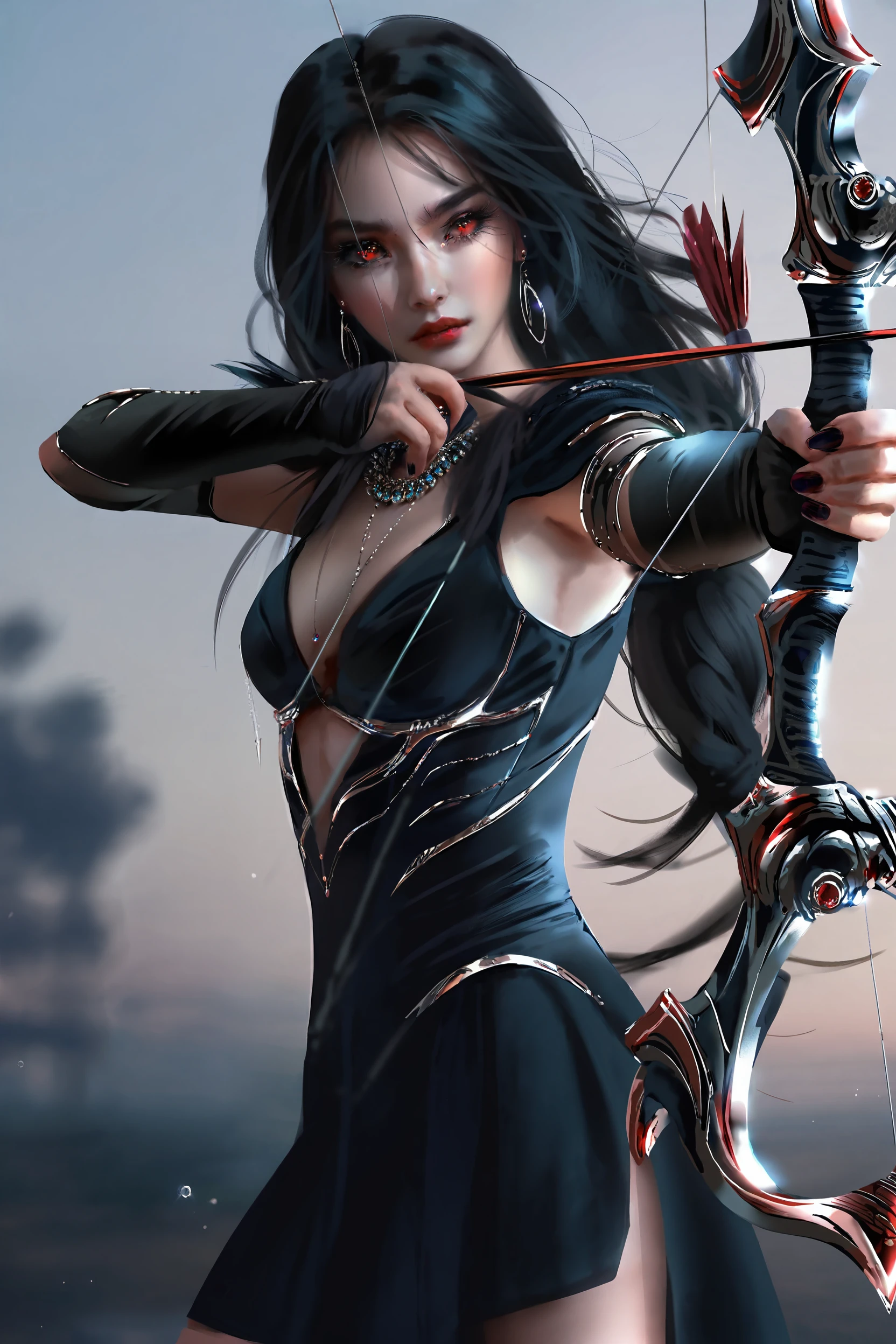 by nixeu, 1girl, solo, realistic, best quality, drawing bow, aiming, holding bow \(weapon\), holding arrow, red lips, black hair, long hair, medium breasts, cleavage, black dress, earrings, necklace, arrow \(projectile\)