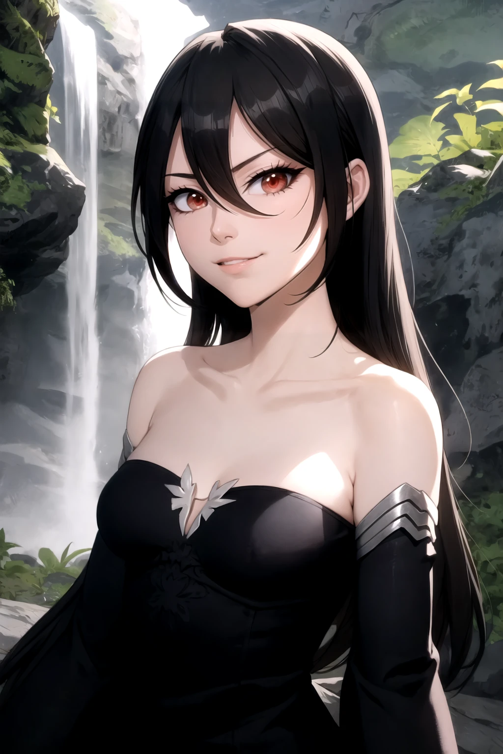 cowboy shot, evil smile, closed mouth BREAK cain, red eyes, black hair, long hair BREAK black dress, detached sleeves, collarbone BREAK waterfall background <lora:cain-sd15-2-000004:0.8>