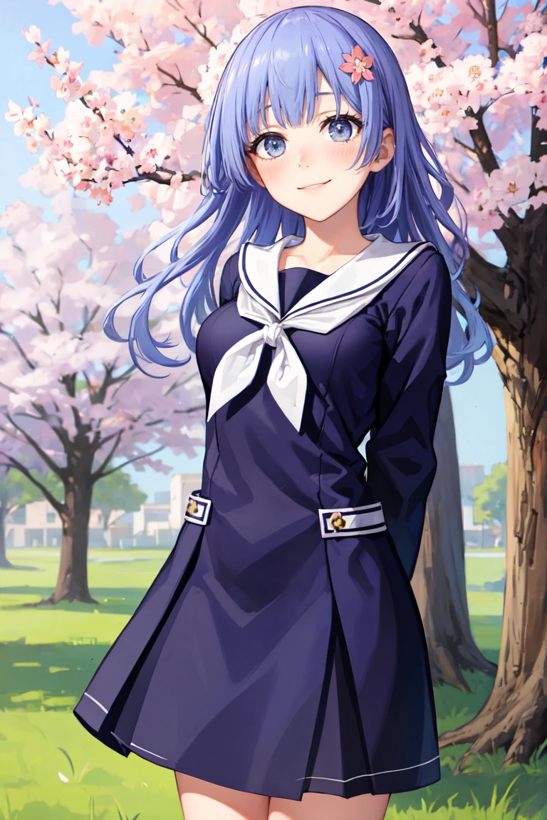 masterpiece, best quality, absurdres, IzayoiSchool, school uniform, sailor dress, blue dress, smile, outdoors, sakura tree, sakura blossom, arms behind back, blush, <lora:IzayoiMiku:1>