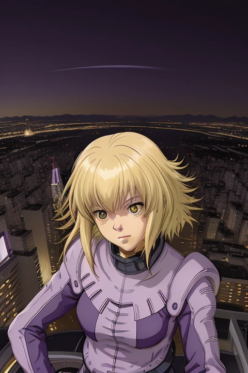 female,Lilia Flaubert,(yellow hair), purple pilotsuit, city view , night, <lora:lila-000006:1>